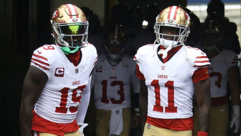 Sep 10, 2023; Pittsburgh, Pennsylvania, USA;  San Francisco 49ers wide receivers Deebo Samuel (19) and Brandon Aiyuk (11) take the field against the Pittsburgh Steelers at Acrisure Stadium. Mandatory Credit: Charles LeClaire-USA TODAY Sports