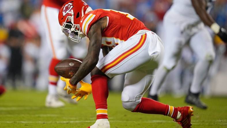 Sep 7, 2023; Kansas City, Missouri, USA; Kansas City Chiefs wide receiver Kadarius Toney (19) is unable to make the catch during the second half against the Detroit Lions at GEHA Field at Arrowhead Stadium. Mandatory Credit: Jay Biggerstaff-USA TODAY Sports