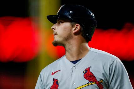 Sep 8, 2023; Cincinnati, Ohio, USA; St. Louis Cardinals second baseman Nolan Gorman (16) walks off the field after striking out in the eighth inning against the Cincinnati Reds at Great American Ball Park. Mandatory Credit: Katie Stratman-USA TODAY Sports