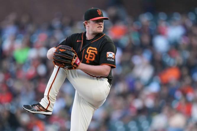 Sep 9, 2023; San Francisco, California, USA; San Francisco Giants starting pitcher Logan Webb (62) throws a pitch against the Colorado Rockies during the first inning at Oracle Park. Mandatory Credit: Darren Yamashita-USA TODAY Sports