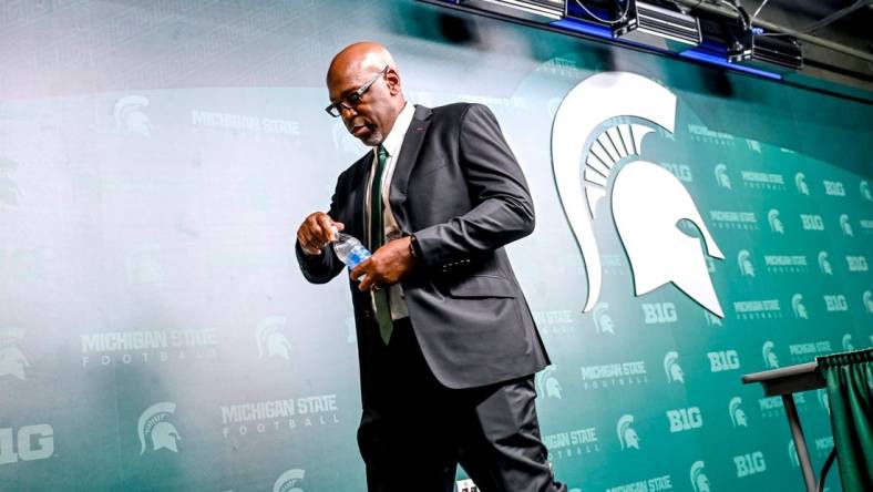 Michigan State football's acting head coach Harlon Barnett leaves the podium after his first press conference since taking over for suspended coach Mel Tucker on Tuesday, Sept. 12, 2023, at Spartan Stadium in East Lansing.