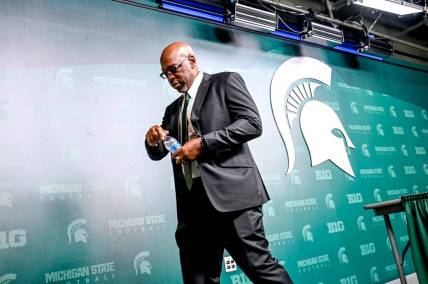 Michigan State football's acting head coach Harlon Barnett leaves the podium after his first press conference since taking over for suspended coach Mel Tucker on Tuesday, Sept. 12, 2023, at Spartan Stadium in East Lansing.