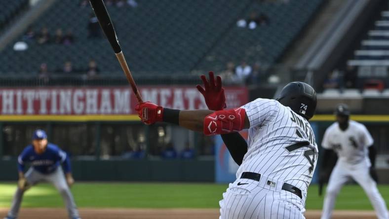 Sep 12, 2023; Chicago, Illinois, USA;  Chicago White Sox designated hitter Eloy Jimenez (74) hits an RBI single against the Kansas City Royals during the first inning at Guaranteed Rate Field. Mandatory Credit: Matt Marton-USA TODAY Sports