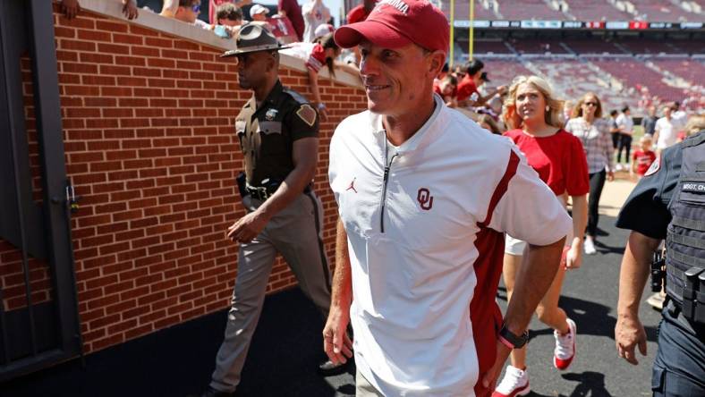 Oklahoma coach Brent Venables leaves the field after a college football game between the University of Oklahoma Sooners (OU) and the Arkansas State Red Wolves at Gaylord Family-Oklahoma Memorial Stadium in Norman, Okla., Saturday, Sept. 2, 2023. Oklahoma won 73-0.