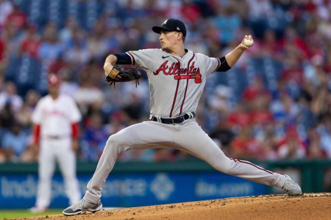 Sep 12, 2023; Philadelphia, Pennsylvania, USA; Atlanta Braves starting pitcher Max Fried (54) throws a pitch during the first inning against the Philadelphia Phillies at Citizens Bank Park. Mandatory Credit: Bill Streicher-USA TODAY Sports