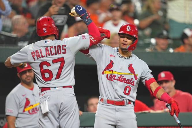 Sep 12, 2023; Baltimore, Maryland, USA; St. Louis Cardinals outfielder Richie Palacios (67) greeted by shortstop Masyn Winn (0) following his solo home run in the fourth inning against the Baltimore Orioles at Oriole Park at Camden Yards. Mandatory Credit: Mitch Stringer-USA TODAY Sports