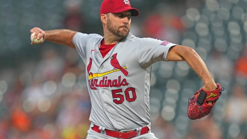 Sep 12, 2023; Baltimore, Maryland, USA; St. Louis Cardinals pitcher Adam Wainwright (50) delivers in the second inning against the Baltimore Orioles at Oriole Park at Camden Yards. Mandatory Credit: Mitch Stringer-USA TODAY Sports