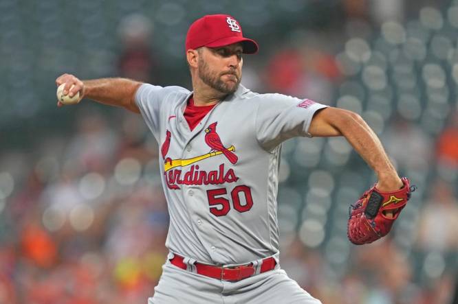 Sep 12, 2023; Baltimore, Maryland, USA; St. Louis Cardinals pitcher Adam Wainwright (50) delivers in the second inning against the Baltimore Orioles at Oriole Park at Camden Yards. Mandatory Credit: Mitch Stringer-USA TODAY Sports