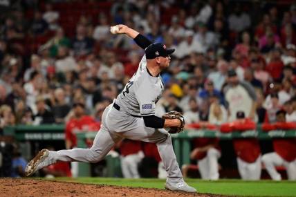 Sep 12, 2023; Boston, Massachusetts, USA; New York Yankees relief pitcher Anthony Misiewicz (54) pitches against the Boston Red Sox during the seventh inning at Fenway Park. Mandatory Credit: Eric Canha-USA TODAY Sports