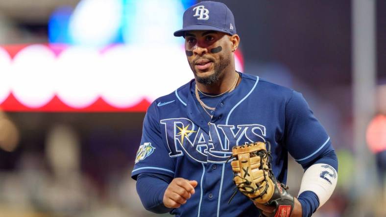 Sep 12, 2023; Minneapolis, Minnesota, USA; Tampa Bay Rays first baseman Yandy Diaz (2) exits the field in the fourth inning at Target Field. Mandatory Credit: Matt Blewett-USA TODAY Sports