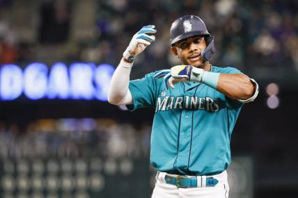 Sep 12, 2023; Seattle, Washington, USA; Seattle Mariners center fielder Julio Rodriguez (44) reacts after hitting a single against the Los Angeles Angels during the seventh inning at T-Mobile Park. Mandatory Credit: Joe Nicholson-USA TODAY Sports