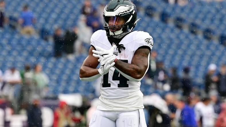 Sep 10, 2023; Foxborough, Massachusetts, USA; Philadelphia Eagles running back Kenneth Gainwell (14) prepares during the warm-up period before a game against the New England Patriots at Gillette Stadium. Mandatory Credit: Eric Canha-USA TODAY Sports