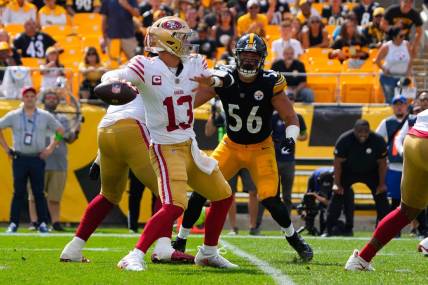 Sep 10, 2023; Pittsburgh, Pennsylvania, USA; San Francisco 49ers quarterback Brock Purdy (13) throws the ball against the Pittsburgh Steelers during the second half at Acrisure Stadium. Mandatory Credit: Gregory Fisher-USA TODAY Sports