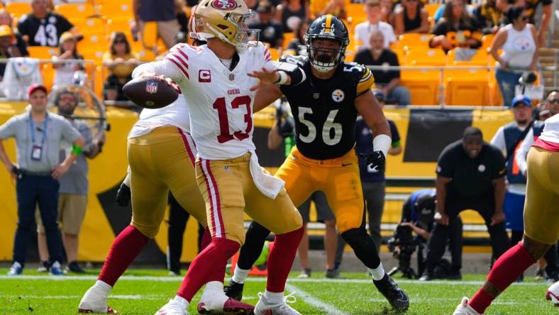 Sep 10, 2023; Pittsburgh, Pennsylvania, USA; San Francisco 49ers quarterback Brock Purdy (13) throws the ball against the Pittsburgh Steelers during the second half at Acrisure Stadium. Mandatory Credit: Gregory Fisher-USA TODAY Sports