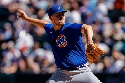 Sep 13, 2023; Denver, Colorado, USA; Chicago Cubs starting pitcher Jameson Taillon (50) pitches in the first inning against the Colorado Rockies at Coors Field. Mandatory Credit: Isaiah J. Downing-USA TODAY Sports
