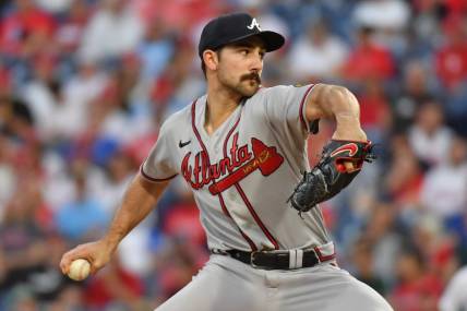 Sep 13, 2023; Philadelphia, Pennsylvania, USA; Atlanta Braves starting pitcher Spencer Strider (99) throws a pitch against the Philadelphia Phillies during the first inning at Citizens Bank Park. Mandatory Credit: Eric Hartline-USA TODAY Sports