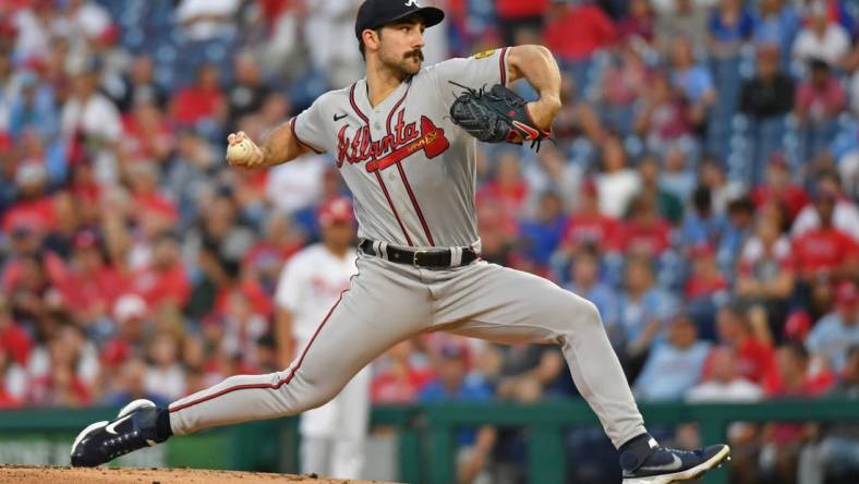 Sep 13, 2023; Philadelphia, Pennsylvania, USA; Atlanta Braves starting pitcher Spencer Strider (99) throws a pitch against the Philadelphia Phillies during the first inning at Citizens Bank Park. Mandatory Credit: Eric Hartline-USA TODAY Sports