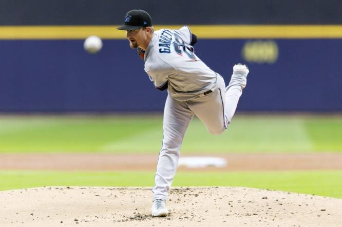 Sep 13, 2023; Milwaukee, Wisconsin, USA;  Miami Marlins pitcher Braxton Garrett (29) throws a pitch during the first inning against the Milwaukee Brewers at American Family Field. Mandatory Credit: Jeff Hanisch-USA TODAY Sports