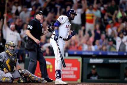 Sep 13, 2023; Houston, Texas, USA; Houston Astros left fielder Yordan Alvarez (44) reacts after hitting a three-run home run to right field against the Oakland Athletics during the third inning at Minute Maid Park. Mandatory Credit: Erik Williams-USA TODAY Sports