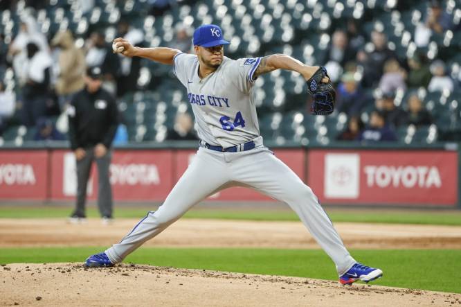 Sep 13, 2023; Chicago, Illinois, USA; Kansas City Royals starting pitcher Steven Cruz (64) delivers a pitch against the Chicago White Sox during the first inning at Guaranteed Rate Field. Mandatory Credit: Kamil Krzaczynski-USA TODAY Sports
