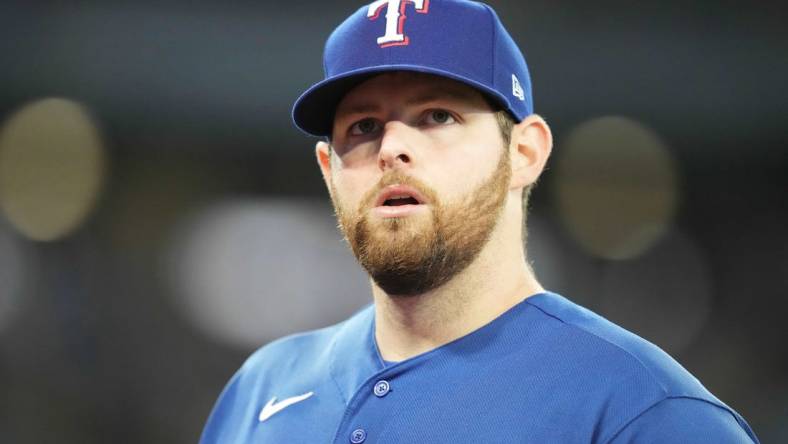 Sep 13, 2023; Toronto, Ontario, CAN; Texas Rangers starting pitcher Jordan Montgomery (52) walks towards the dugout against the Toronto Blue Jays during the sixth inning at Rogers Centre. Mandatory Credit: Nick Turchiaro-USA TODAY Sports