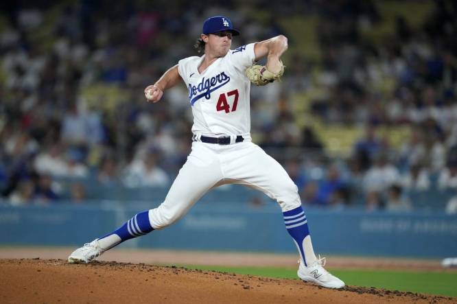 Sep 13, 2023; Los Angeles, California, USA; Los Angeles Dodgers starting pitcher Ryan Pepiot (47) throws in the second inning against the San Diego Padres at Dodger Stadium. Mandatory Credit: Kirby Lee-USA TODAY Sports