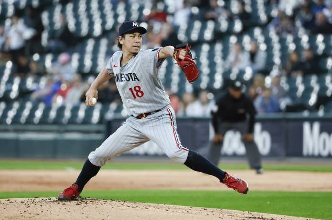Sep 14, 2023; Chicago, Illinois, USA; Minnesota Twins starting pitcher Kenta Maeda (18) delivers a pitch against the Chicago White Sox during the first inning at Guaranteed Rate Field. Mandatory Credit: Kamil Krzaczynski-USA TODAY Sports