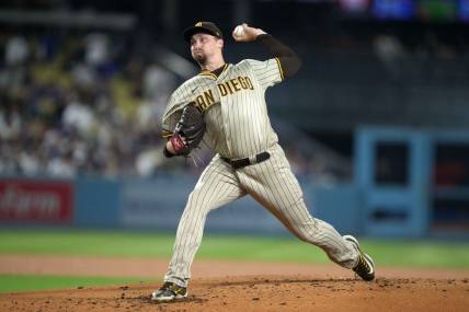 Sep 13, 2023; Los Angeles, California, USA; San Diego Padres starting pitcher Blake Snell (4) throws in the first inning against the Los Angeles Dodgers at Dodger Stadium. Mandatory Credit: Kirby Lee-USA TODAY Sports