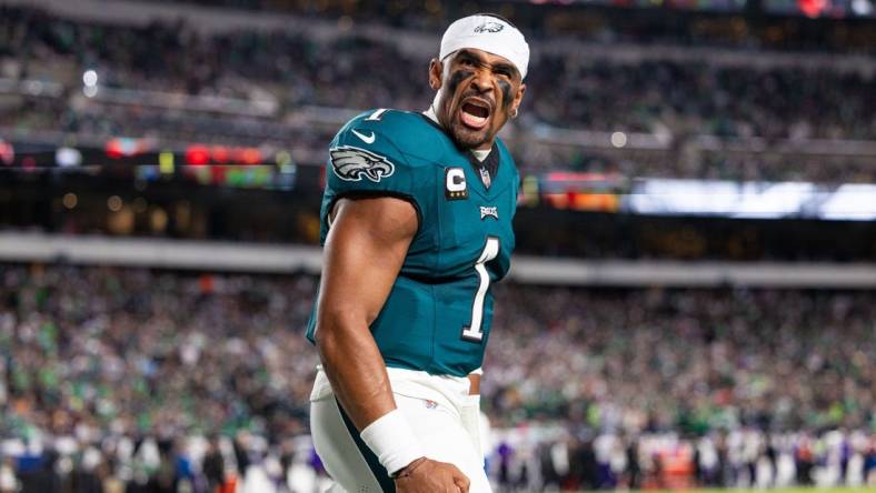 Sep 14, 2023; Philadelphia, Pennsylvania, USA; Philadelphia Eagles quarterback Jalen Hurts (1) reacts before kick off Minnesota Vikings at Lincoln Financial Field. Mandatory Credit: Bill Streicher-USA TODAY Sports