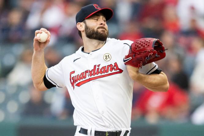 Sep 15, 2023; Cleveland, Ohio, USA; Cleveland Guardians starting pitcher Lucas Giolito (27) throws a pitch during the first inning against the Texas Rangers at Progressive Field. Mandatory Credit: Ken Blaze-USA TODAY Sports