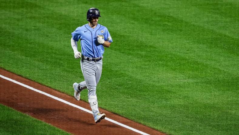 Sep 15, 2023; Baltimore, Maryland, USA; Tampa Bay Rays second baseman Brandon Lowe (8) rounds the bases after hitting a one run home run against the Baltimore Orioles during the fourth inning at Oriole Park at Camden Yards. Mandatory Credit: Scott Taetsch-USA TODAY Sports