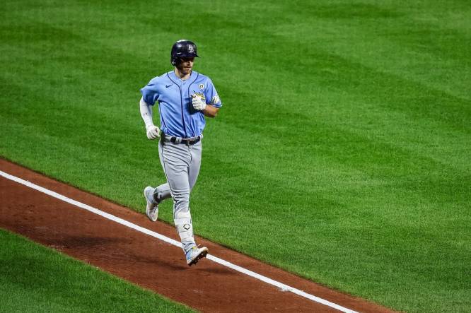 Sep 15, 2023; Baltimore, Maryland, USA; Tampa Bay Rays second baseman Brandon Lowe (8) rounds the bases after hitting a one run home run against the Baltimore Orioles during the fourth inning at Oriole Park at Camden Yards. Mandatory Credit: Scott Taetsch-USA TODAY Sports