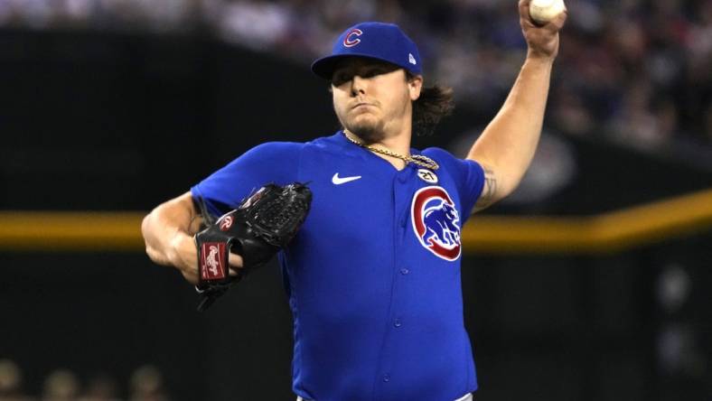 Sep 15, 2023; Phoenix, Arizona, USA; Chicago Cubs starting pitcher Justin Steele (35) throws against the Arizona Diamondbacks in the first inning at Chase Field. Mandatory Credit: Rick Scuteri-USA TODAY Sports