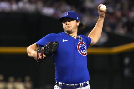 Sep 15, 2023; Phoenix, Arizona, USA; Chicago Cubs starting pitcher Justin Steele (35) throws against the Arizona Diamondbacks in the first inning at Chase Field. Mandatory Credit: Rick Scuteri-USA TODAY Sports