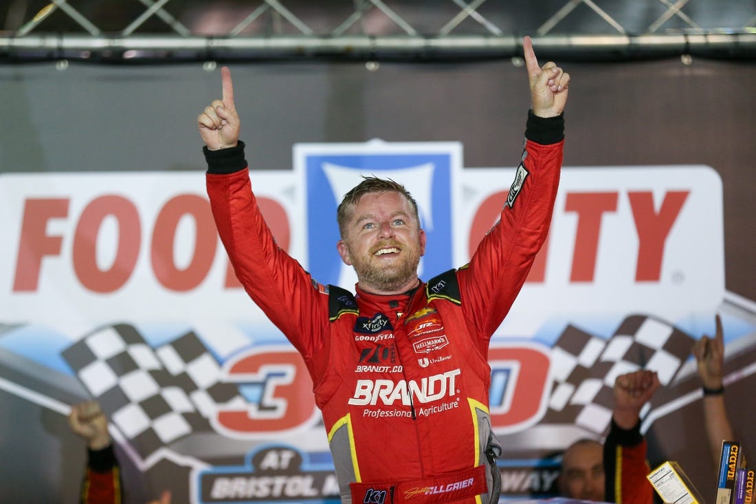 Sep 15, 2023; Bristol, Tennessee, USA; NASCAR Xfinity Series driver Justin Allgaier (7) celebrates after winning the race at Bristol Motor Speedway. Mandatory Credit: Randy Sartin-USA TODAY Sports