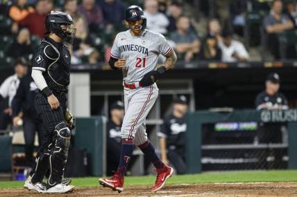 Sep 15, 2023; Chicago, Illinois, USA; Minnesota Twins short stop Carlos Correa scores against the Chicago White Sox during the ninth inning at Guaranteed Rate Field. Mandatory Credit: Kamil Krzaczynski-USA TODAY Sports