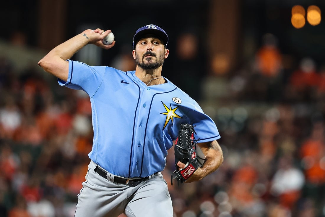 Sep 15, 2023; Baltimore, Maryland, USA; Tampa Bay Rays starting pitcher Zach Eflin (24) pitches against the Baltimore Orioles during the seventh inning at Oriole Park at Camden Yards. Mandatory Credit: Scott Taetsch-USA TODAY Sports
