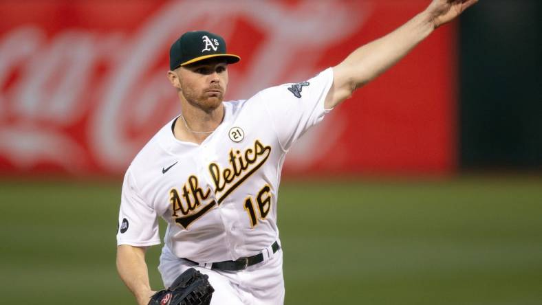 Sep 15, 2023; Oakland, California, USA; Oakland Athletics starting pitcher Sean Newcomb (16) delivers a pitch against the San Diego Padres during the second inning at Oakland-Alameda County Coliseum. Mandatory Credit: D. Ross Cameron-USA TODAY Sports