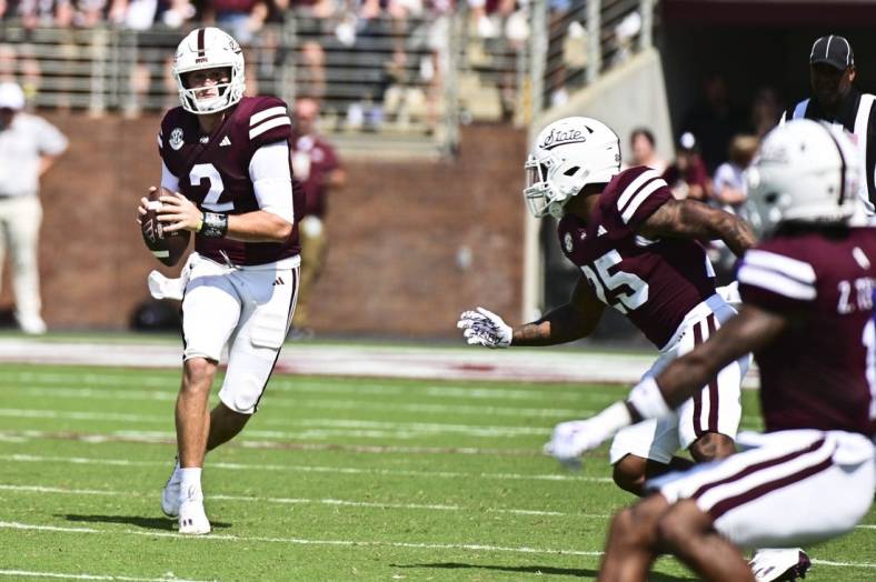 Sep 16, 2023; Starkville, Mississippi, USA; Mississippi State Bulldogs quarterback Will Rogers (2) moves in the pocket against the LSU Tigers during the first quarter at Davis Wade Stadium at Scott Field. Mandatory Credit: Matt Bush-USA TODAY Sports