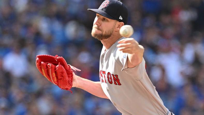 Sep 16, 2023; Toronto, Ontario, CAN; Boston Red Sox starting pitcher Chris Sale (41) pitches against the Toronto Blue Jays in the first inning at Rogers Centre. Mandatory Credit: Dan Hamilton-USA TODAY Sports