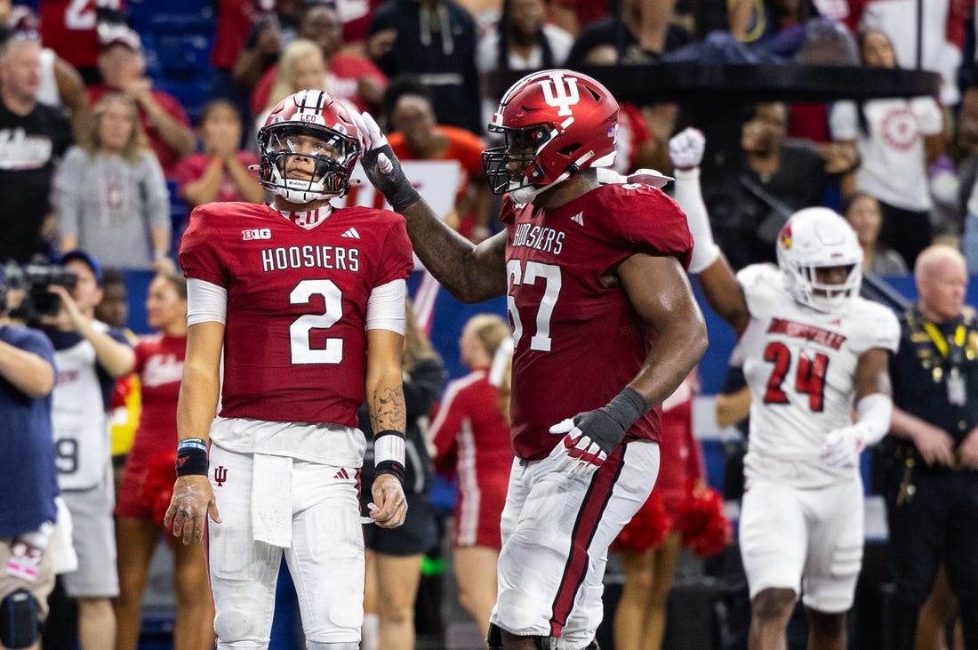 Sep 16, 2023; Indianapolis, Indiana, USA; Indiana Hoosiers quarterback Tayven Jackson (2) reacts after being stopped short of the end zone against the Louisville Cardinals in the second half at Lucas Oil Stadium. Mandatory Credit: Trevor Ruszkowski-USA TODAY Sports