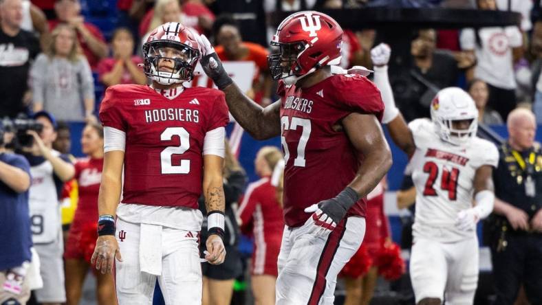 Sep 16, 2023; Indianapolis, Indiana, USA; Indiana Hoosiers quarterback Tayven Jackson (2) reacts after being stopped short of the end zone against the Louisville Cardinals in the second half at Lucas Oil Stadium. Mandatory Credit: Trevor Ruszkowski-USA TODAY Sports