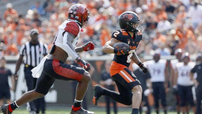 Sep 16, 2023; Corvallis, Oregon, USA; Oregon State Beavers wide receiver Anthony Gould (2) runs the ball during the first half against the San Diego State Aztecs at Reser Stadium. Mandatory Credit: Soobum Im-USA TODAY Sports