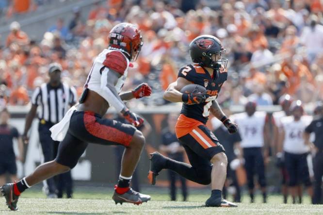 Sep 16, 2023; Corvallis, Oregon, USA; Oregon State Beavers wide receiver Anthony Gould (2) runs the ball during the first half against the San Diego State Aztecs at Reser Stadium. Mandatory Credit: Soobum Im-USA TODAY Sports