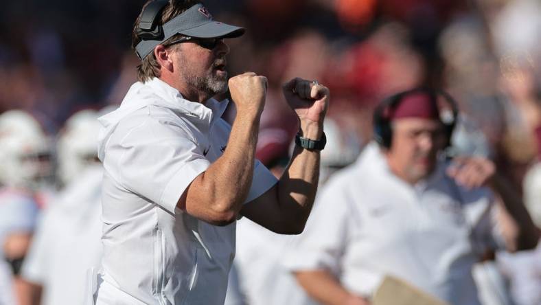 Sep 16, 2023; Piscataway, New Jersey, USA; Virginia Tech Hokies head coach Brent Pry reacts during the first half against the Rutgers Scarlet Knights at SHI Stadium. Mandatory Credit: Vincent Carchietta-USA TODAY Sports