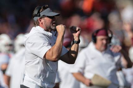 Sep 16, 2023; Piscataway, New Jersey, USA; Virginia Tech Hokies head coach Brent Pry reacts during the first half against the Rutgers Scarlet Knights at SHI Stadium. Mandatory Credit: Vincent Carchietta-USA TODAY Sports
