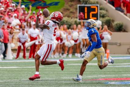 Sep 16, 2023; Tulsa, Oklahoma, USA; Oklahoma's Andrel Anthony (5) catches a pass for a first down in the first quarter against the Tulsa Golden Hurricane at Skelly Field at H.A. Chapman Stadium. Mandatory Credit: Nathan J. Fish-USA TODAY Sports