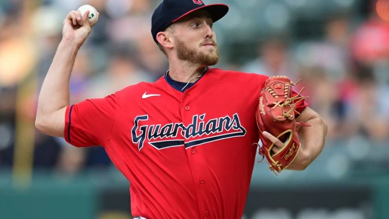 Sep 16, 2023; Cleveland, Ohio, USA; Cleveland Guardians starting pitcher Tanner Bibee (61) throws a pitch during the first inning against the Texas Rangers at Progressive Field. Mandatory Credit: Ken Blaze-USA TODAY Sports