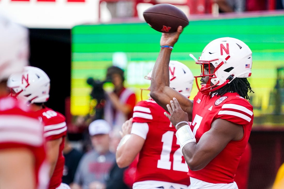 Sep 16, 2023; Lincoln, Nebraska, USA; Nebraska Cornhuskers quarterback Jeff Sims (7) warms up before the game against the Northern Illinois Huskies at Memorial Stadium. Mandatory Credit: Dylan Widger-USA TODAY Sports