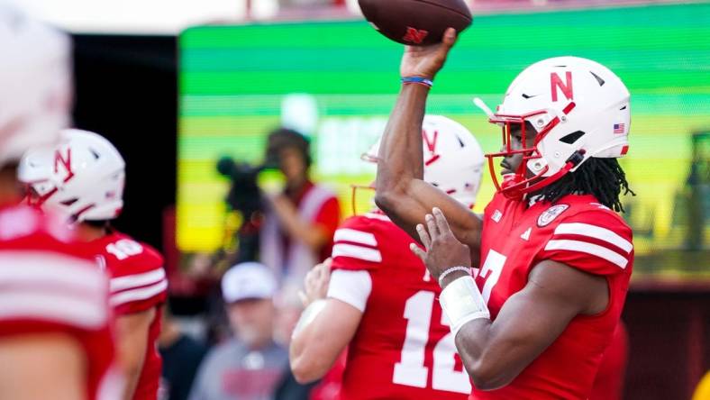 Sep 16, 2023; Lincoln, Nebraska, USA; Nebraska Cornhuskers quarterback Jeff Sims (7) warms up before the game against the Northern Illinois Huskies at Memorial Stadium. Mandatory Credit: Dylan Widger-USA TODAY Sports